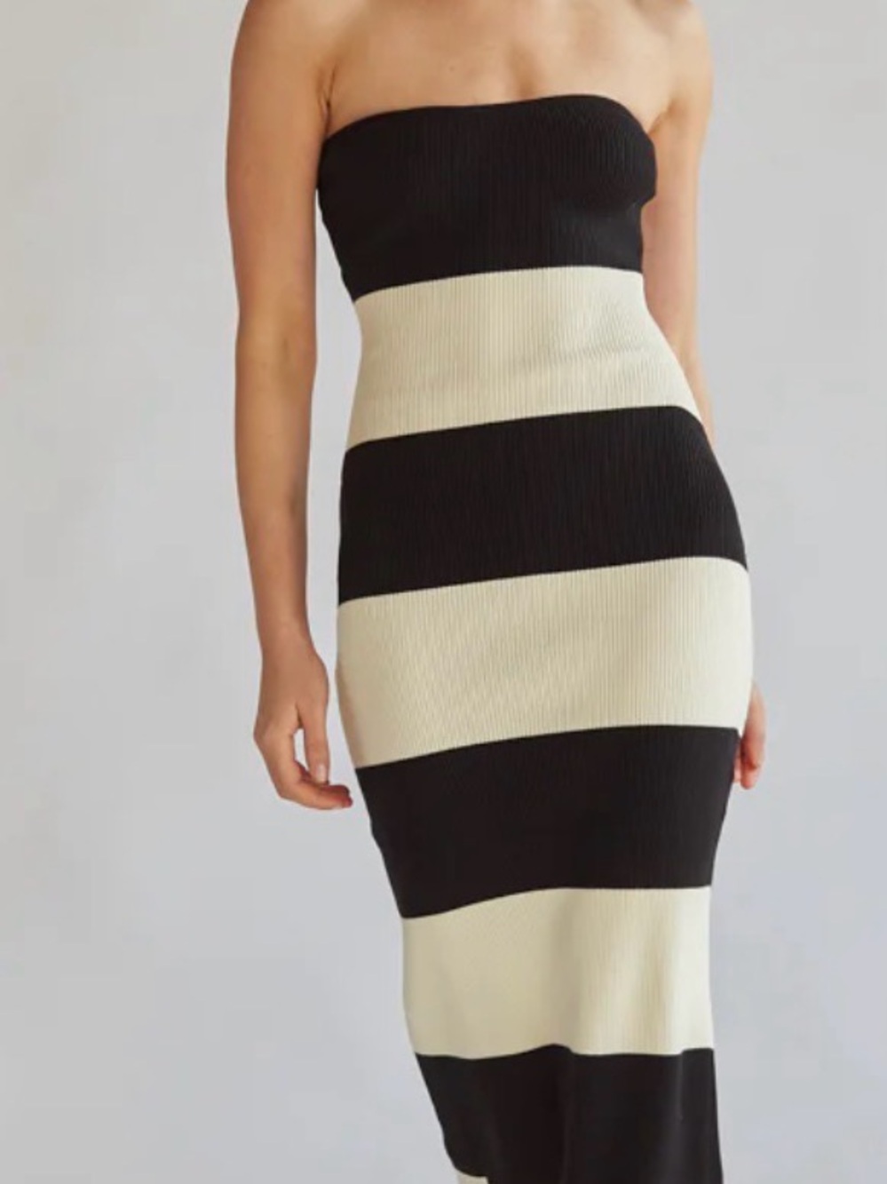 Strapless Black and Cream Stripe Bodycon Dress